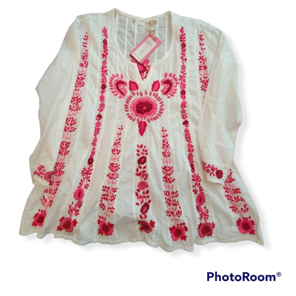 CHELSEA & VIOLET Pink and Red Embroidered Tunic Boho, Large